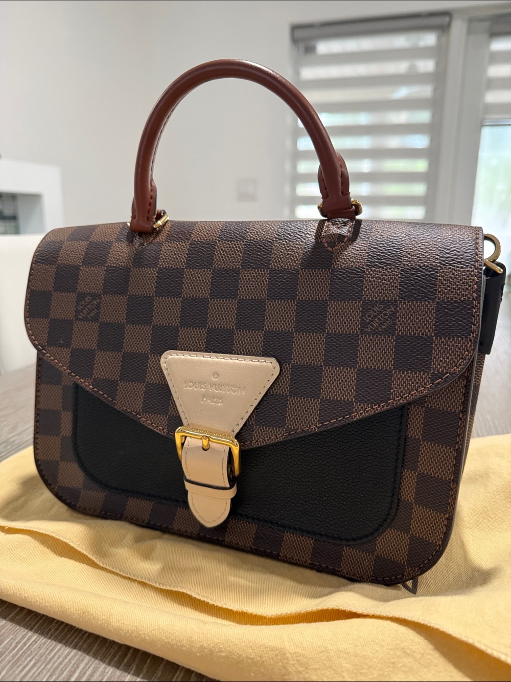 Louis Vuitton Brown Checkered Crossbody with Black Panel and Cream Buckle